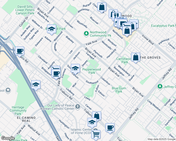 map of restaurants, bars, coffee shops, grocery stores, and more near 15 Clay in Irvine