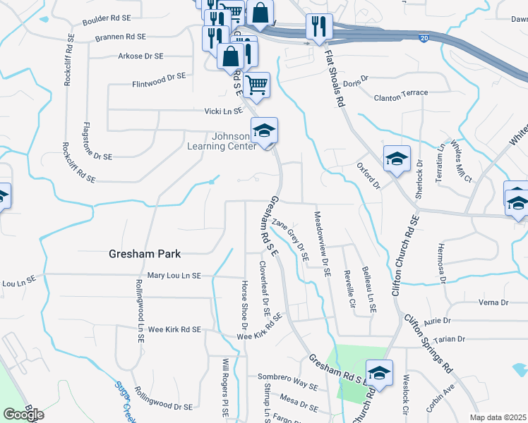 map of restaurants, bars, coffee shops, grocery stores, and more near 2047 Boulderview Drive Southeast in Atlanta