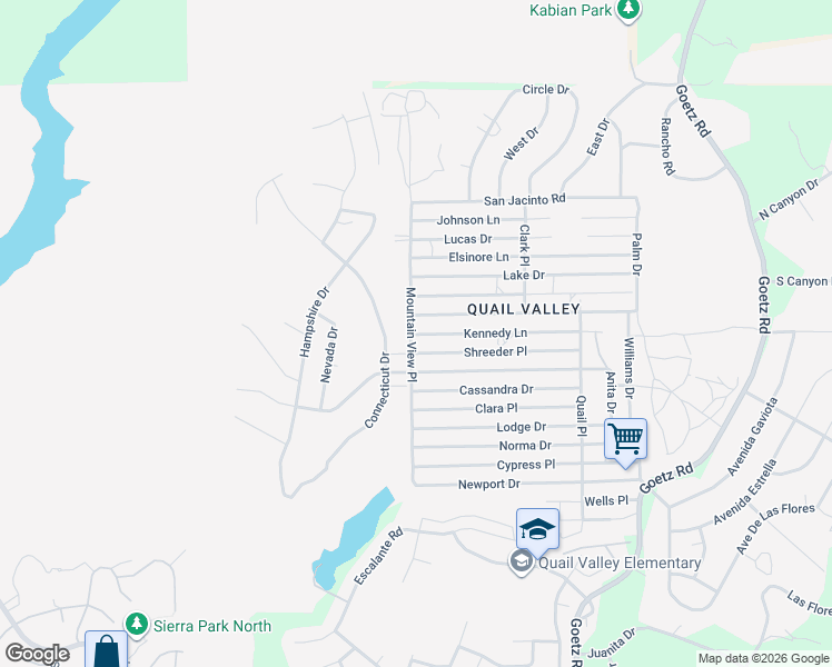 map of restaurants, bars, coffee shops, grocery stores, and more near Kennedy Lane in Menifee