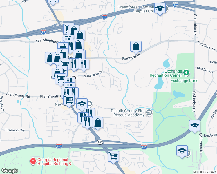 map of restaurants, bars, coffee shops, grocery stores, and more near 1572 Eastern Sunrise Ln in Decatur