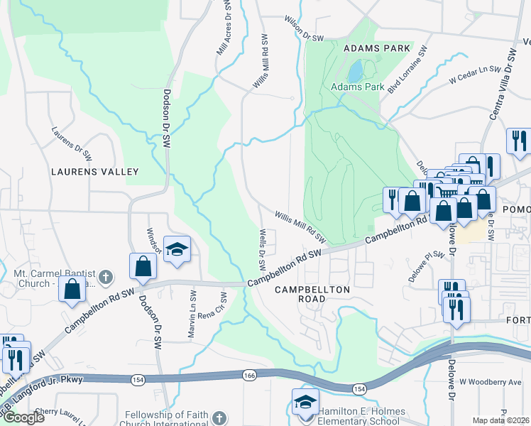 map of restaurants, bars, coffee shops, grocery stores, and more near 1796 Willis Mill Road Southwest in Atlanta