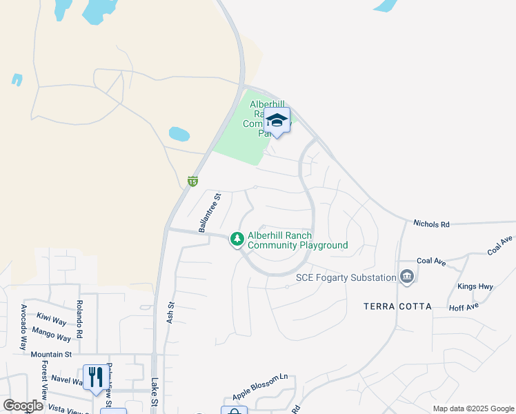 map of restaurants, bars, coffee shops, grocery stores, and more near 4121 Larkspur Street in Lake Elsinore