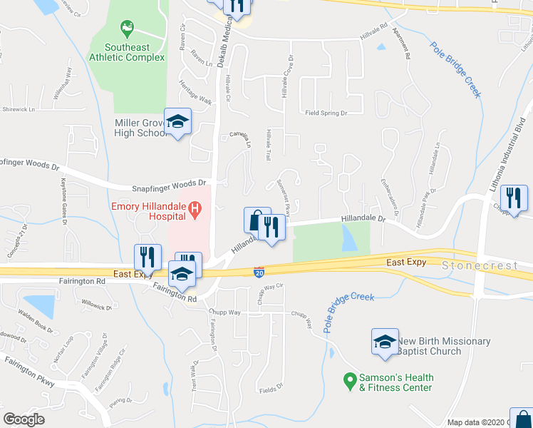 map of restaurants, bars, coffee shops, grocery stores, and more near 6086 Hillandale Drive in Lithonia