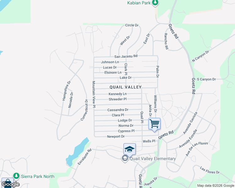 map of restaurants, bars, coffee shops, grocery stores, and more near Kennedy Lane in Menifee