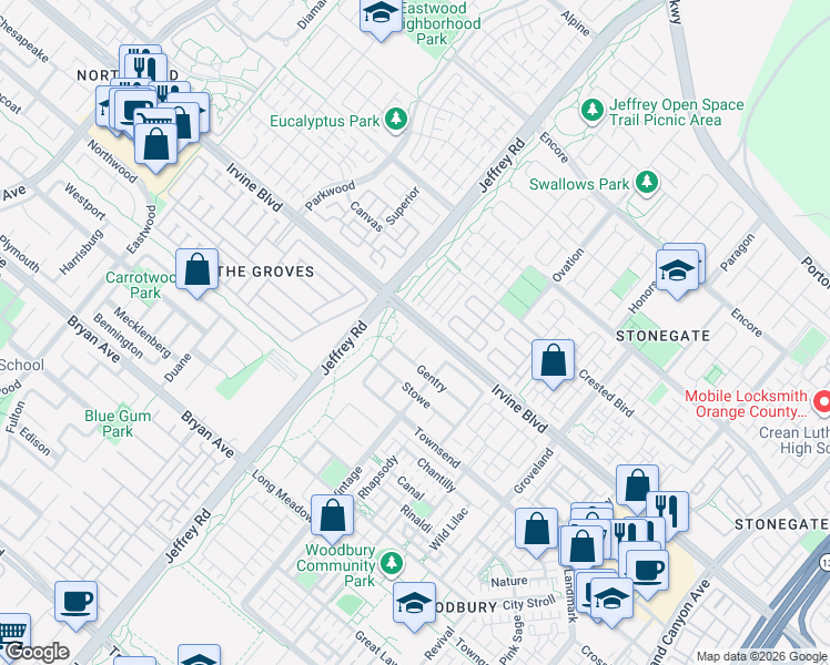map of restaurants, bars, coffee shops, grocery stores, and more near 20 Bungalow in Irvine