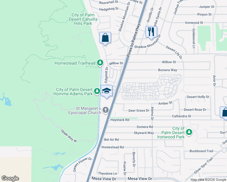 map of restaurants, bars, coffee shops, grocery stores, and more near 72667 Raven Road in Palm Desert