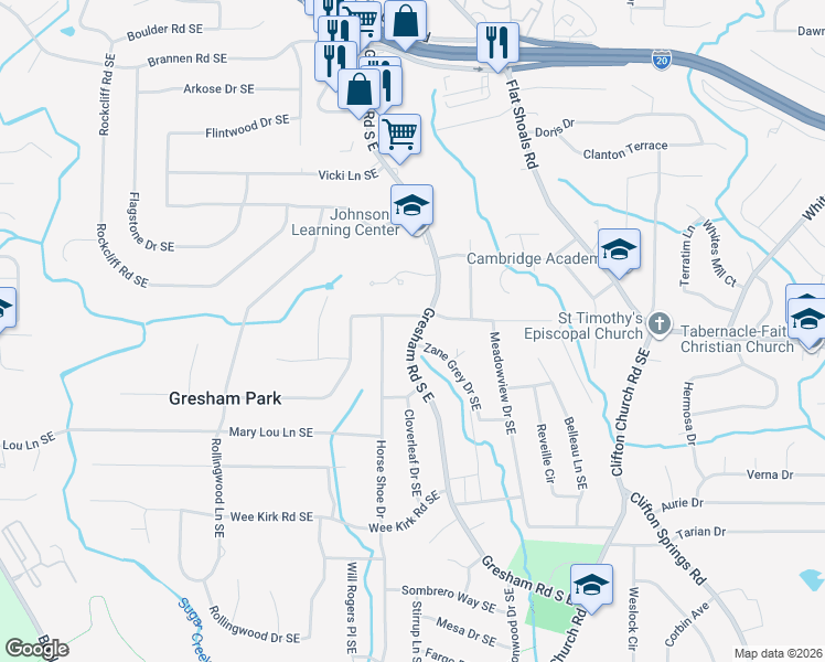 map of restaurants, bars, coffee shops, grocery stores, and more near 2047 Boulderview Drive Southeast in Atlanta