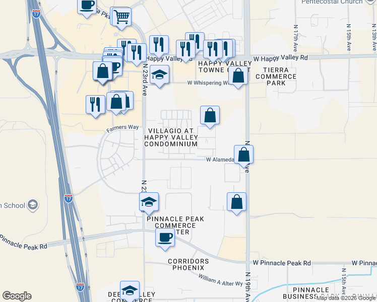 map of restaurants, bars, coffee shops, grocery stores, and more near Unnamed Road in Phoenix