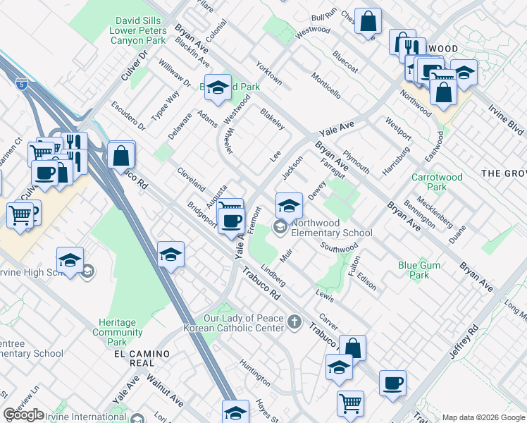 map of restaurants, bars, coffee shops, grocery stores, and more near 39 Fremont in Irvine