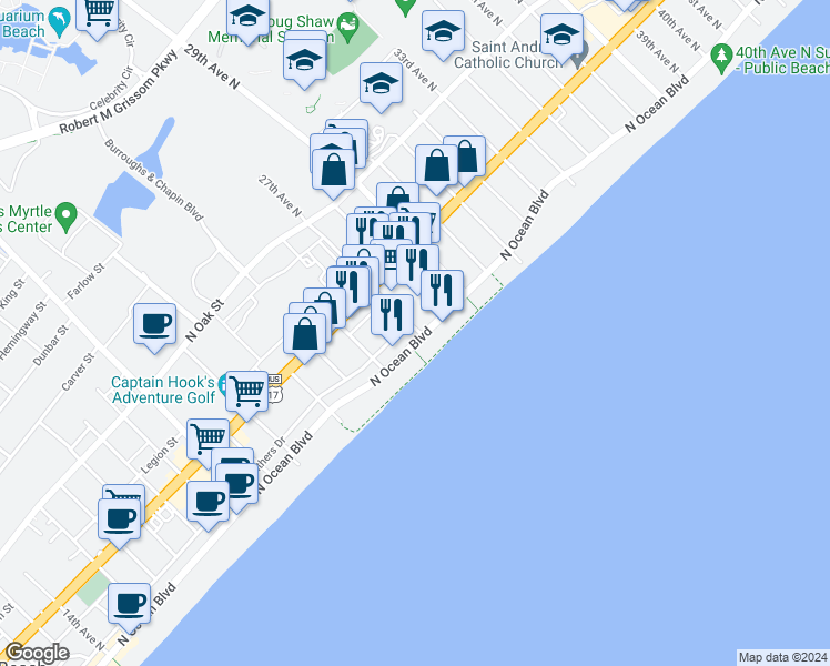 map of restaurants, bars, coffee shops, grocery stores, and more near 2610 Ocean Boulevard in Myrtle Beach