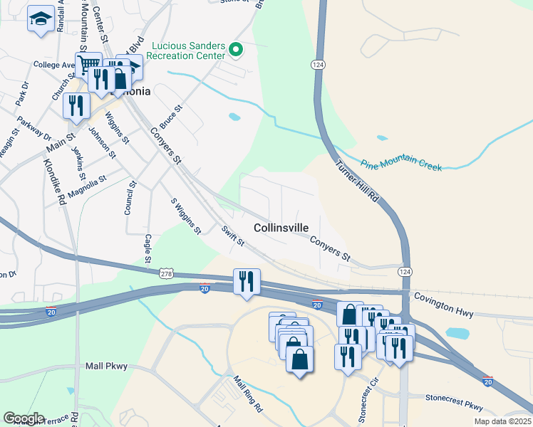 map of restaurants, bars, coffee shops, grocery stores, and more near 7540 Conyers Street in Lithonia