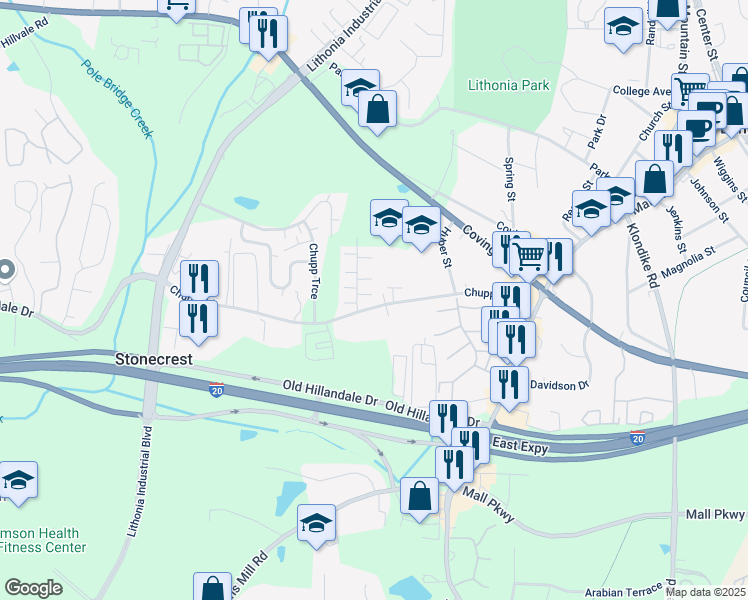 map of restaurants, bars, coffee shops, grocery stores, and more near 2726 Evans Mill Drive in Lithonia