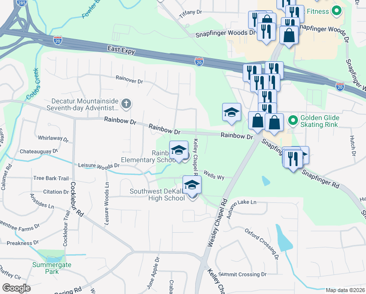 map of restaurants, bars, coffee shops, grocery stores, and more near 4059 Rainbow Drive in Decatur
