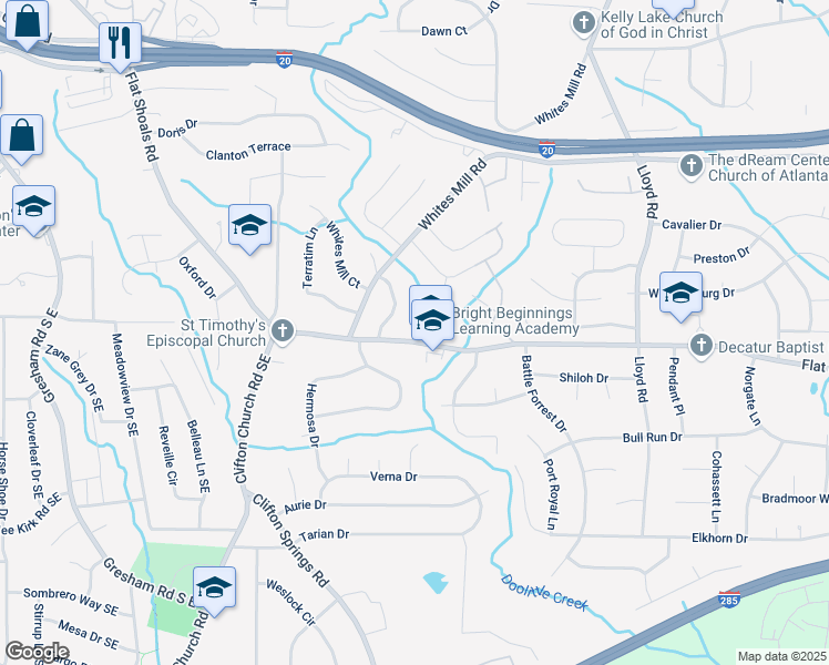 map of restaurants, bars, coffee shops, grocery stores, and more near 2958 Flat Shoals Road in Decatur