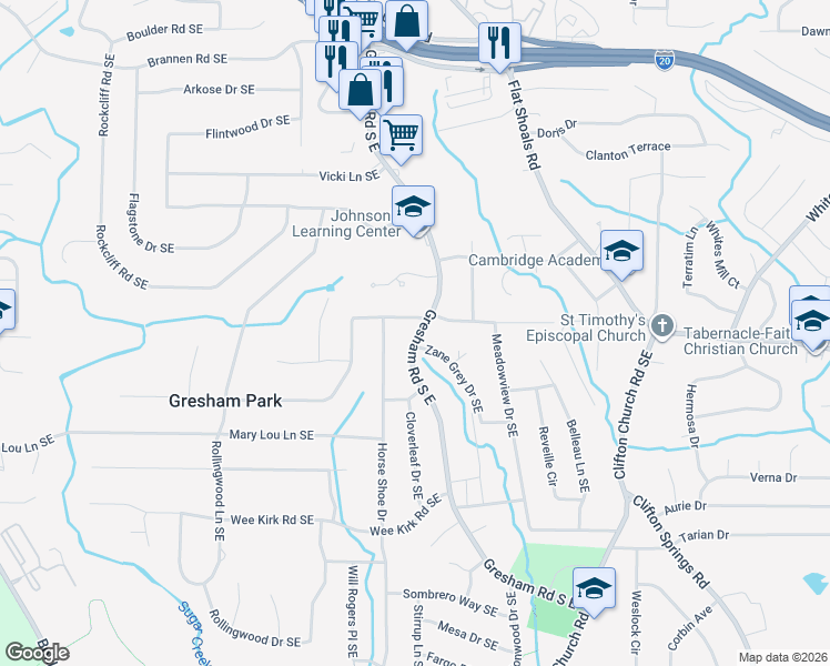 map of restaurants, bars, coffee shops, grocery stores, and more near 2047 Boulderview Drive Southeast in Atlanta