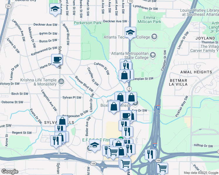 map of restaurants, bars, coffee shops, grocery stores, and more near 1789 Cahoon Street Southwest in Atlanta