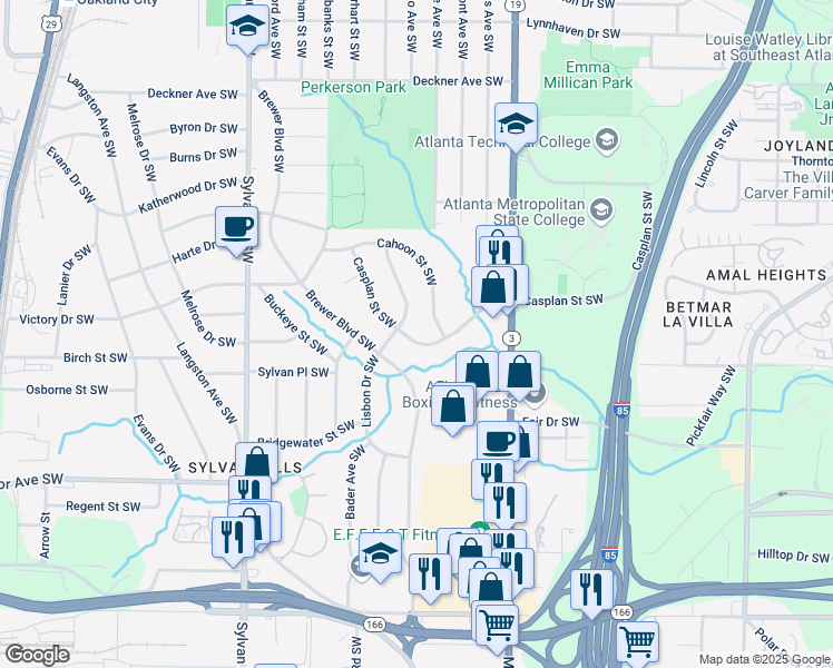 map of restaurants, bars, coffee shops, grocery stores, and more near 723 Casplan Street Southwest in Atlanta