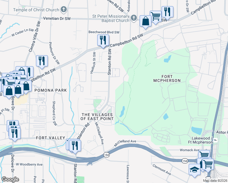 map of restaurants, bars, coffee shops, grocery stores, and more near 1776 Stanton Road Southwest in Atlanta
