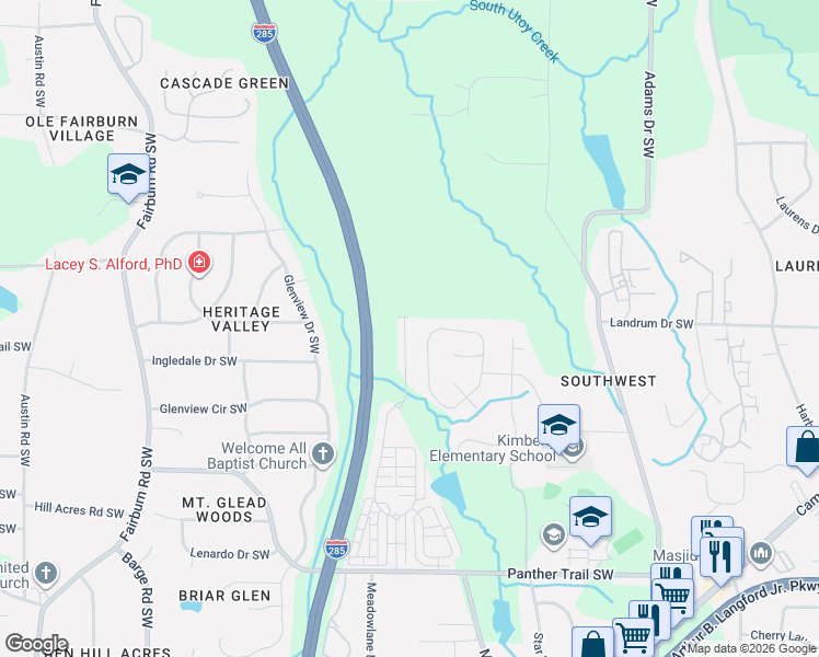 map of restaurants, bars, coffee shops, grocery stores, and more near 3440 Cascade Parc Boulevard Southwest in Atlanta