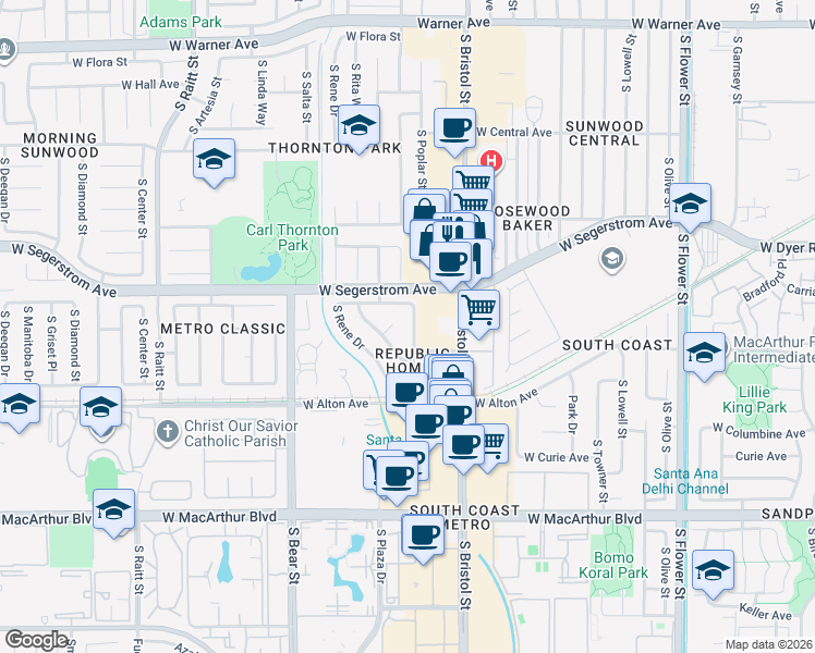 map of restaurants, bars, coffee shops, grocery stores, and more near 3018 South Pacific Avenue in Santa Ana