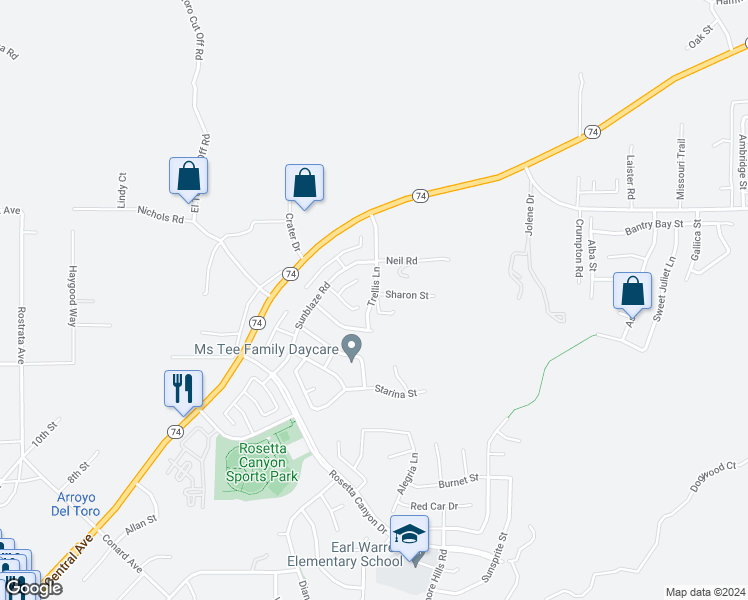 map of restaurants, bars, coffee shops, grocery stores, and more near 28430 Trellis Lane in Lake Elsinore