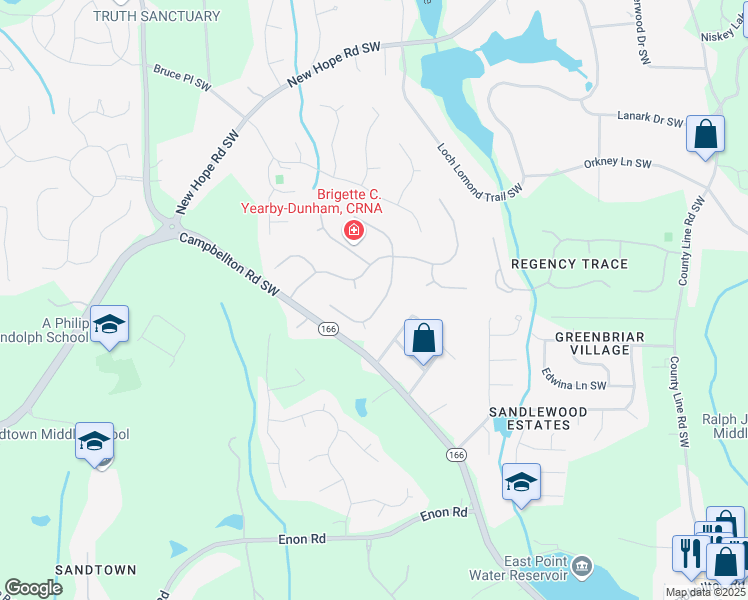 map of restaurants, bars, coffee shops, grocery stores, and more near 665 Birchberry Terrace Southwest in Atlanta