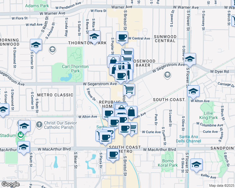 map of restaurants, bars, coffee shops, grocery stores, and more near 3050 South Bristol Street in Santa Ana