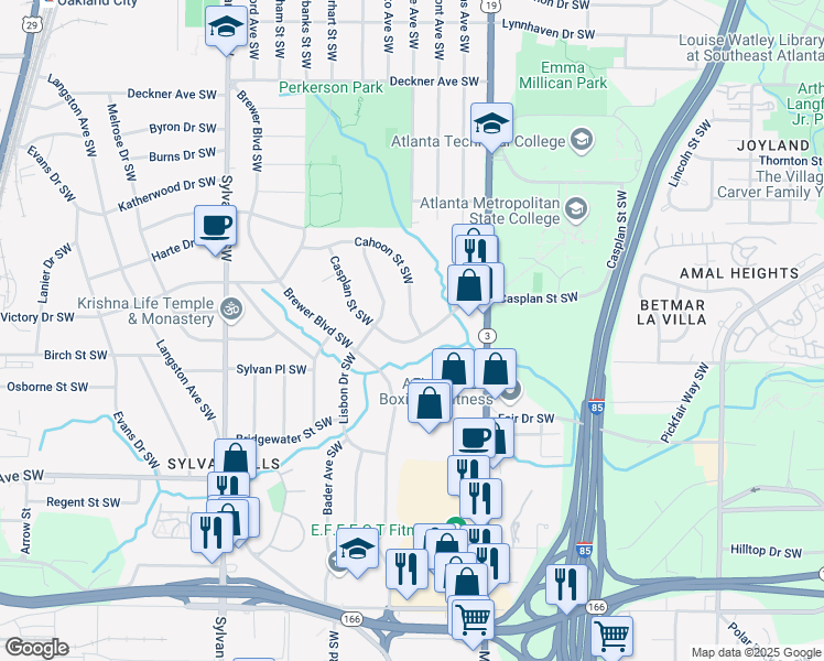 map of restaurants, bars, coffee shops, grocery stores, and more near 1789 Cahoon Street Southwest in Atlanta