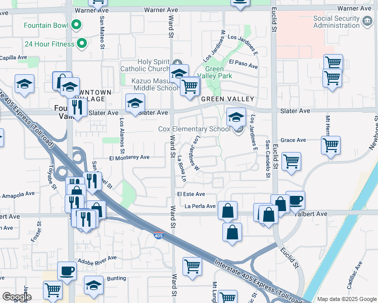 map of restaurants, bars, coffee shops, grocery stores, and more near 17689 Los Jardines West in Fountain Valley