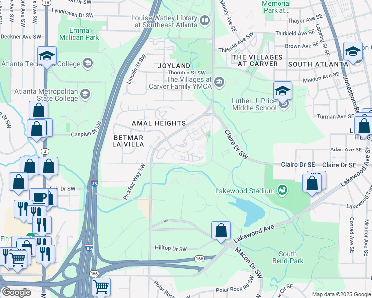map of restaurants, bars, coffee shops, grocery stores, and more near 3001 Amal Drive Southwest in Atlanta