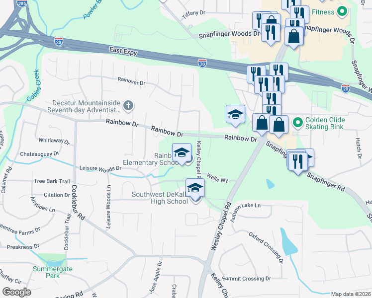 map of restaurants, bars, coffee shops, grocery stores, and more near 4059 Rainbow Drive in Decatur