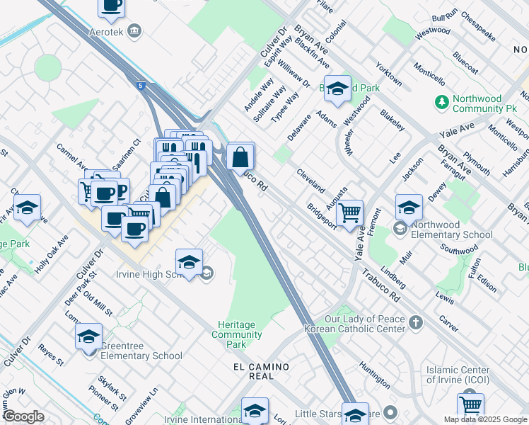 map of restaurants, bars, coffee shops, grocery stores, and more near 1 Monroe in Irvine