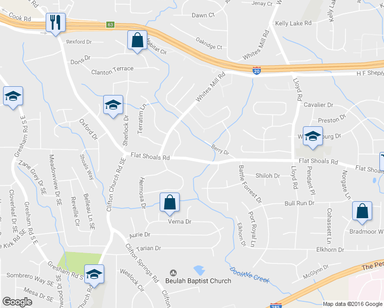 map of restaurants, bars, coffee shops, grocery stores, and more near 2958 Flat Shoals Road in Decatur