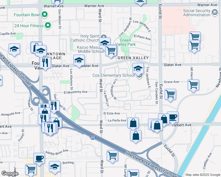 map of restaurants, bars, coffee shops, grocery stores, and more near 17689 Los Jardines East in Fountain Valley