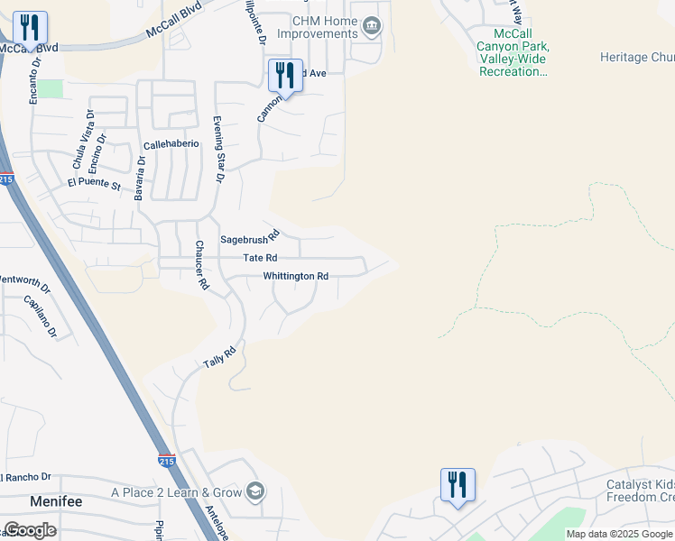 map of restaurants, bars, coffee shops, grocery stores, and more near 27948 Whittington Road in Menifee