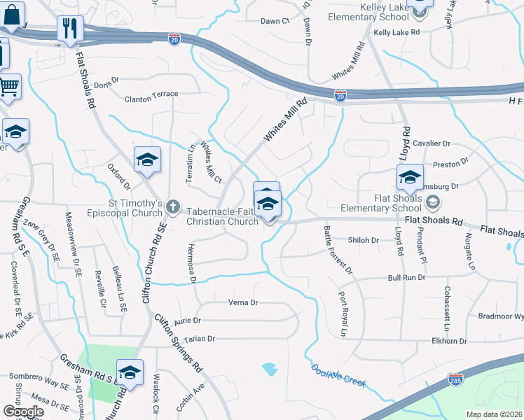 map of restaurants, bars, coffee shops, grocery stores, and more near 2958 Flat Shoals Road in Decatur