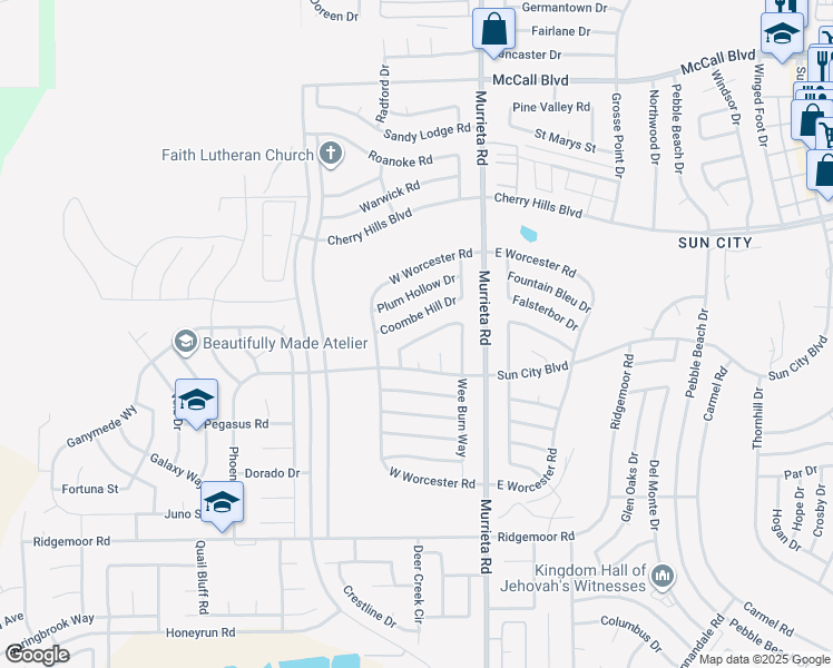 map of restaurants, bars, coffee shops, grocery stores, and more near 25820 Middlebury Way in Menifee