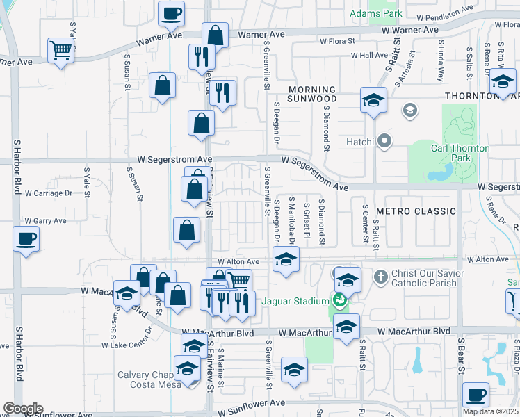 map of restaurants, bars, coffee shops, grocery stores, and more near 3101 South Fairview Street in Santa Ana