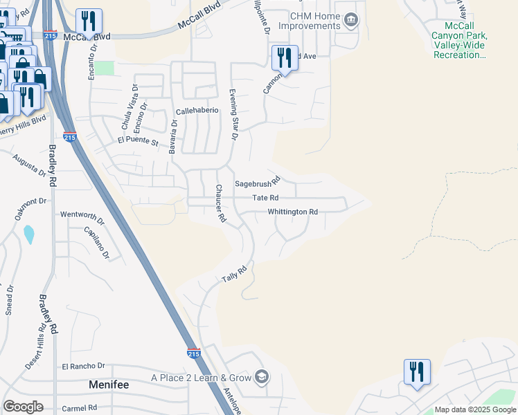 map of restaurants, bars, coffee shops, grocery stores, and more near 27744 Whittington Road in Menifee