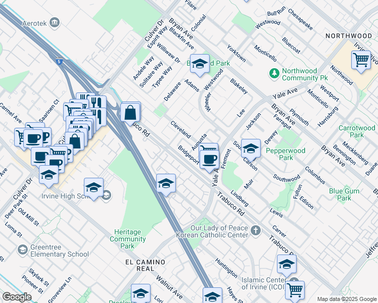 map of restaurants, bars, coffee shops, grocery stores, and more near 61 Bridgeport in Irvine