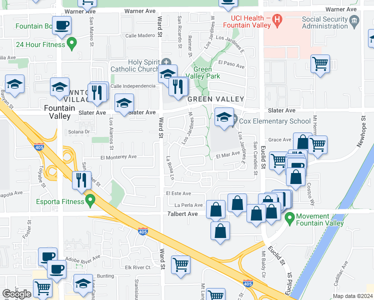 map of restaurants, bars, coffee shops, grocery stores, and more near 10618 El Toro Avenue in Fountain Valley
