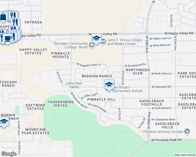 map of restaurants, bars, coffee shops, grocery stores, and more near 24216 North 58th Lane in Glendale