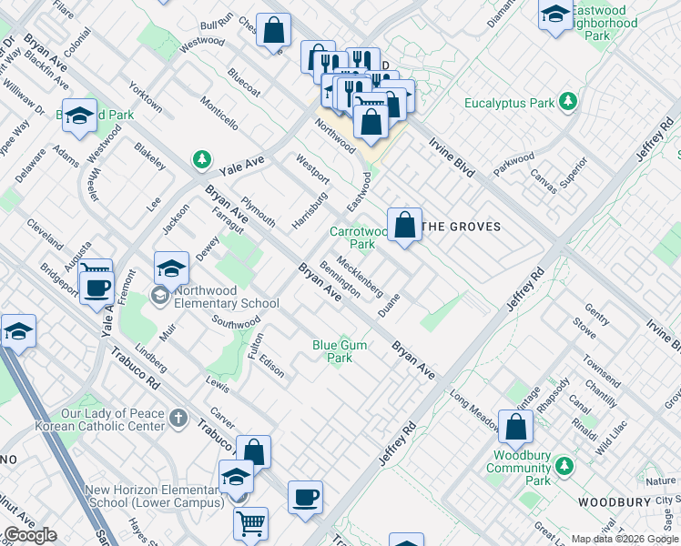 map of restaurants, bars, coffee shops, grocery stores, and more near 29 Bennington in Irvine