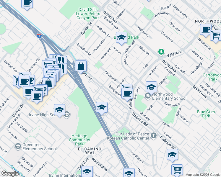map of restaurants, bars, coffee shops, grocery stores, and more near 46 Bridgeport in Irvine