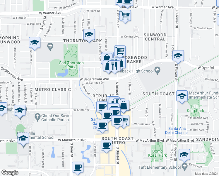 map of restaurants, bars, coffee shops, grocery stores, and more near 3050 South Bristol Street in Santa Ana