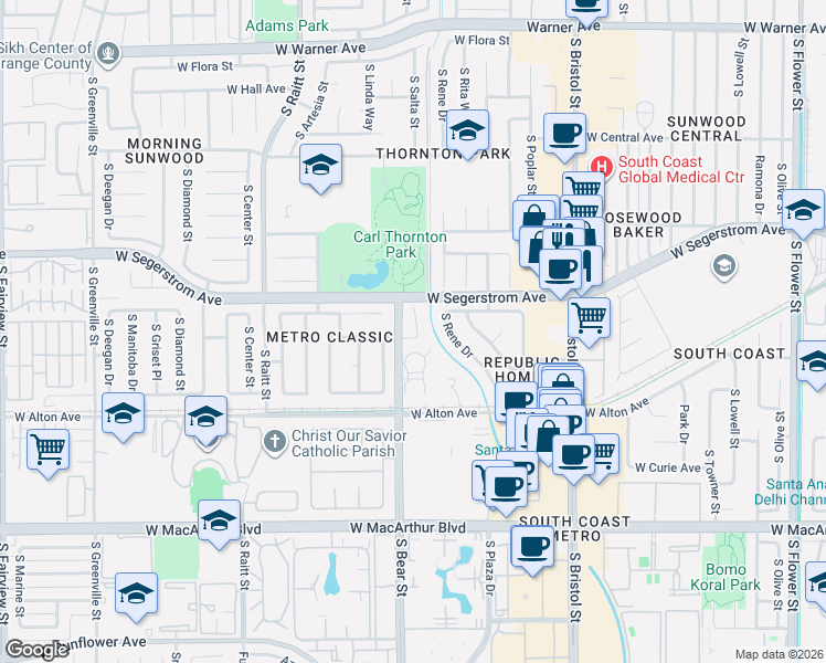 map of restaurants, bars, coffee shops, grocery stores, and more near 3021 South Thornton Street in Santa Ana