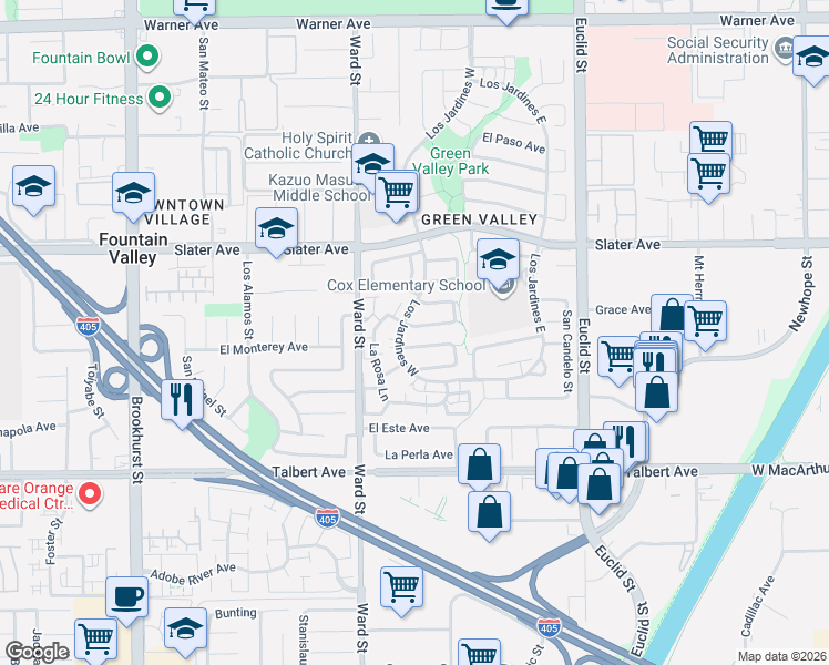 map of restaurants, bars, coffee shops, grocery stores, and more near 10610 El Toro Avenue in Fountain Valley