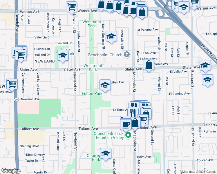 map of restaurants, bars, coffee shops, grocery stores, and more near 8807 El Lago Circle in Fountain Valley