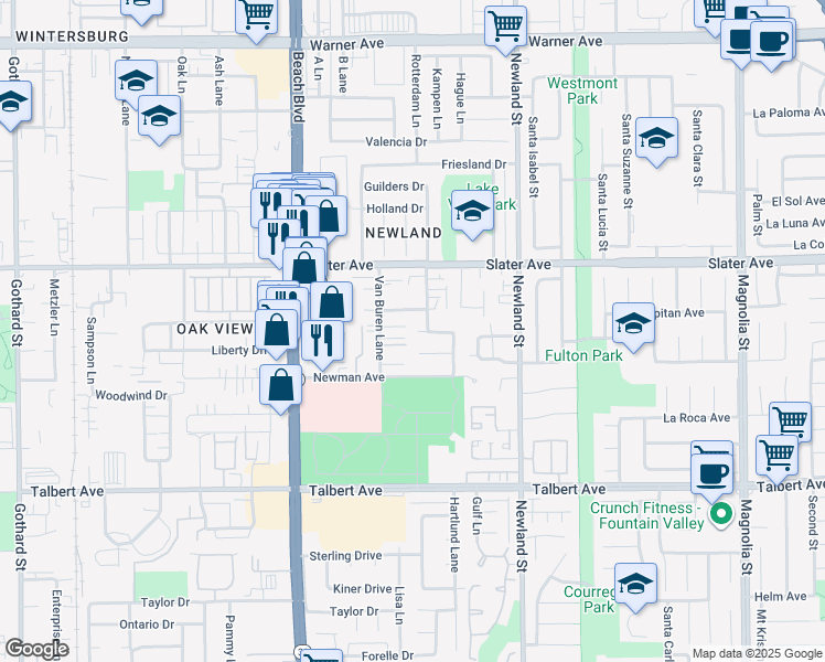 map of restaurants, bars, coffee shops, grocery stores, and more near 8271 Darsy Drive in Huntington Beach