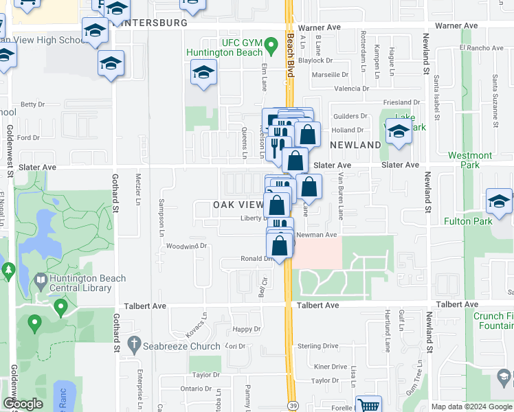 map of restaurants, bars, coffee shops, grocery stores, and more near 7852 Speer Drive in Huntington Beach